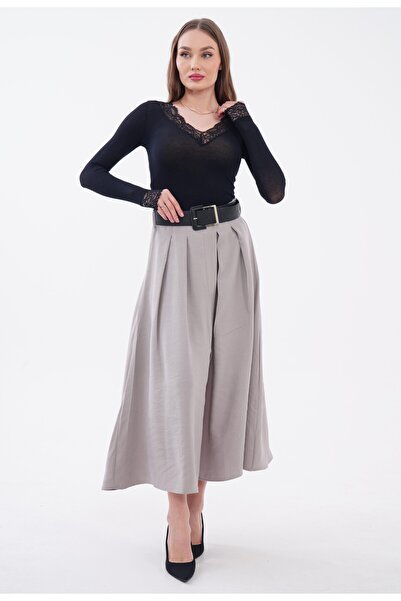 Vinales Belt Li Pleated Midi Length Slit Skirt - Gray
