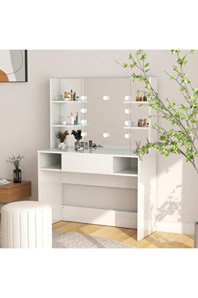 Concept Masă de machiaj cu lumini LED, alb lucios, 100x40x135 cm, MDF