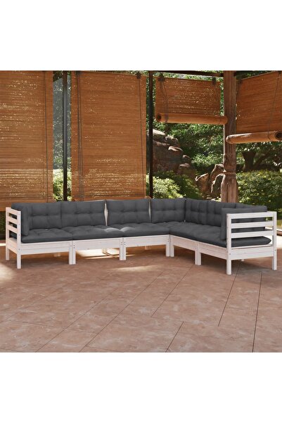 Concept Σετ επίπλων κήπου με μαξιλάρια, 6 τεμάχια, λευκό, μασίφ ξύλο πεύκου