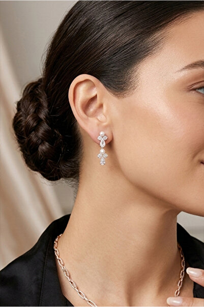 Happyline İncili Zirkon Taşlı Şık Küpe Davet Düğün Nişan Küpe Gümüş Kaplama G...