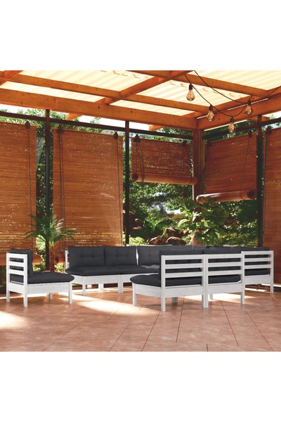 Concept Set mobilier grădină cu perne, 10 piese, alb, lemn masiv pin