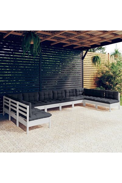 Concept Σετ επίπλων κήπου με μαξιλάρια, 10 τεμάχια, λευκό μασίφ ξύλο πεύκου