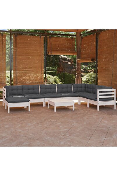 Concept Σετ επίπλων κήπου με μαξιλάρια, 9 τεμάχια, λευκό, μασίφ ξύλο πεύκου