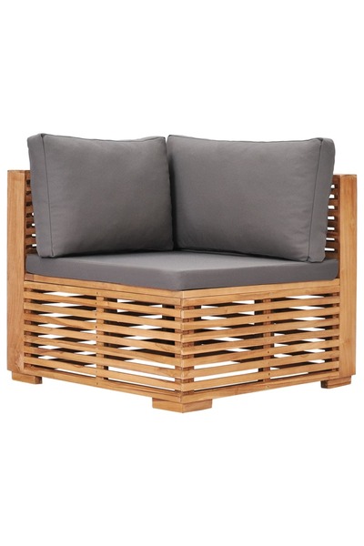 Concept Γωνιακός καναπές κήπου με γκρι μαξιλάρια, από μασίφ ξύλο τικ