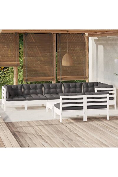 Concept Σετ επίπλων κήπου με μαξιλάρια, 9 τεμάχια, λευκό, μασίφ ξύλο πεύκου