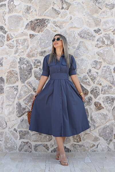 bytugcekaya Indigo Balloon Sleeve Shirt Dress