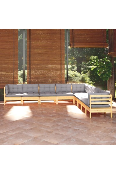 Concept Set mobilier de grădină cu perne, 9 piese, gri, lemn masiv pin