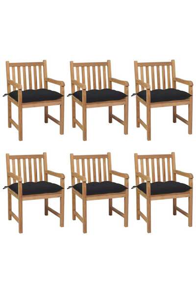 Concept Καρέκλες κήπου με μαύρα μαξιλάρια, 6 τεμ., από μασίφ ξύλο τικ