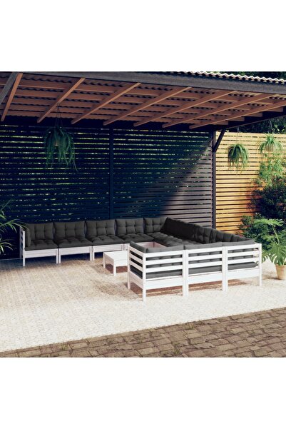 Concept Σετ επίπλων κήπου με μαξιλάρια, 12 τεμάχια, λευκό, ξύλο πεύκου