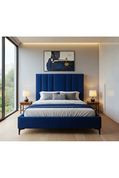 MarketMob Pat Deja Vu 160x200 cm, tapițat cu catifea, albastru, cu somieră in...