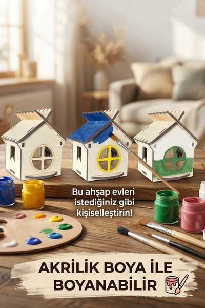 kutuTR 3’lü Mini Ahşap Ev Boyama Seti Kendin Boya Hobi Seti Çocuk Etkinlik ve...