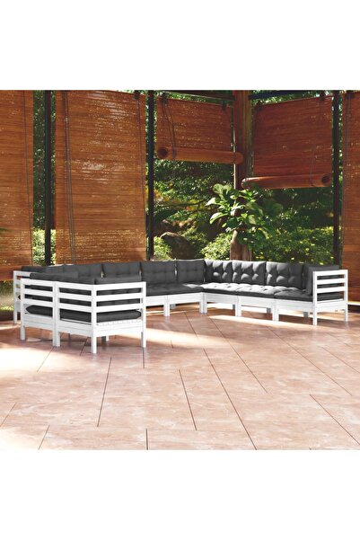Concept Set mobilier grădină cu perne, 10 piese, alb, lemn masiv de pin