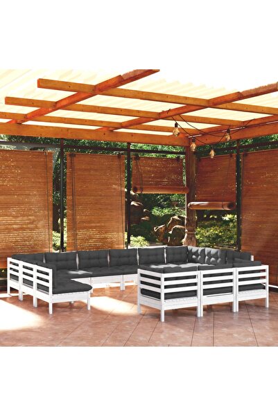 Concept Σετ επίπλων κήπου με μαξιλάρια, 13 τεμάχια, λευκό, ξύλο πεύκου