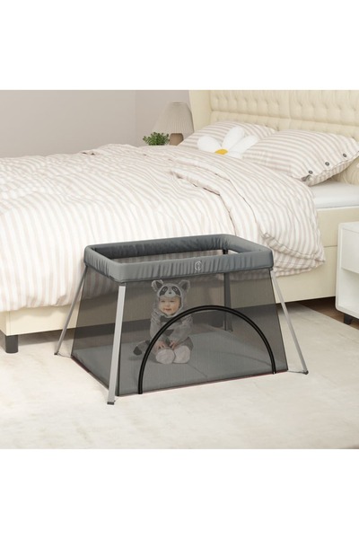 Concept Παρκοκρέβατο με στρώμα, σκούρο γκρι, ύφασμα