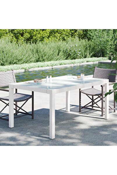 Concept Λευκό τραπέζι κήπου 150x90x75 εκ. από σκληρυμένο γυαλί και πολυρατάν