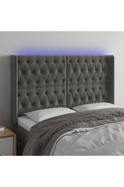 Concept Tăblie de pat cu LED, gri închis, 147x16x118/128 cm, catifea