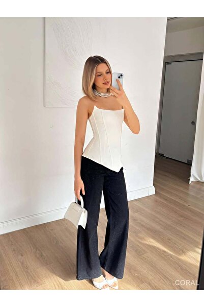 Coral Back Zippered Corset Strapless Blouse 20243 White