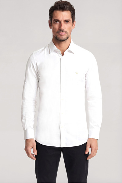 Emporio Armani Men's Regular Fit Eagle Plate Logo Long Sleeve White Shirt Em0...