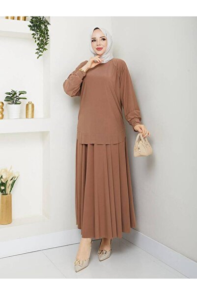 MODAMÜNASİP Tunică Ovală croială Set Confortabil cu Fustă Sandy
