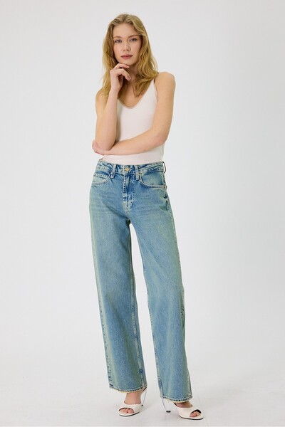 cracpot Pantaloni de damă, albaștri, cu efect de spălare aleatorie, cu croială largă – Talie înaltă, croială largă, lungime lungă, 100% bumbac denim