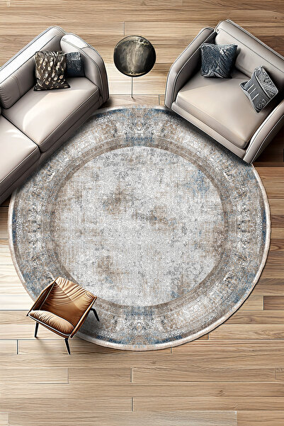 BigArts Home Mavi Gri Eskitme Desenli Şönil Kaymaz Taban Salon Mutfak Kilim Y...