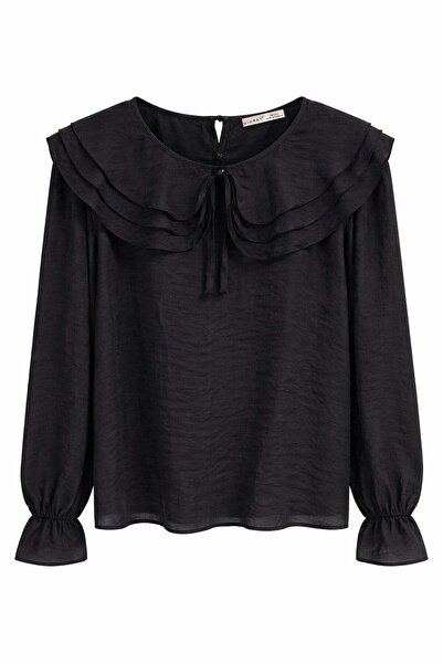 Mixray 4861 women's volant collar tie-up flowy blouse - black