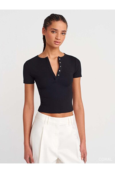 Coral Snap Button Short Sleeve Badi 31704 Black