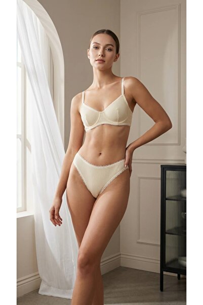 No52 HomeWear Women's Light Yellow Cotton Ribbed Knit Lingerie Set