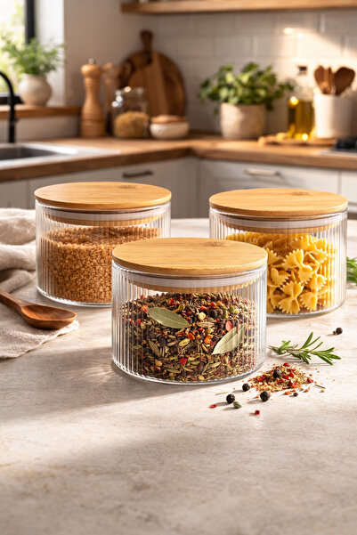 Kitchen Way Bamboo Gasketed Borosilicate 500 ml Round Striped 3-Piece Jar Set...