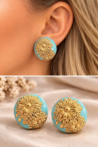 DEMOKAN Women's Earrings Vintage Big Button Gold Flower Pattern Earrings