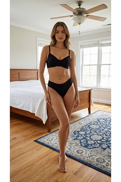 No52 HomeWear Women's Black Cotton Piece Ribbed Knit Underwear Set