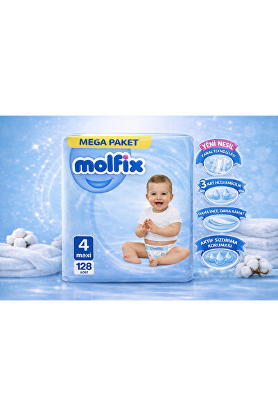 Molfix Mega Paket 4 Numara Maxi 128 Adet Bebek Bezi 7-14 Kg