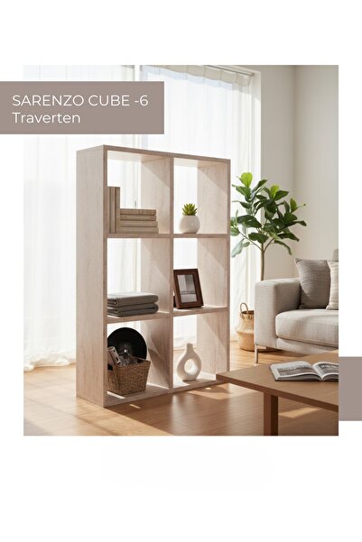 Sarenzo Cube Traverten Görünüm 6 Bölmeli Çok Amaçlı Kitaplık