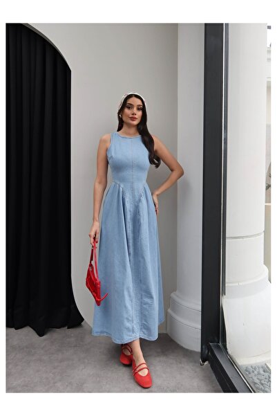 ESRAHELVACI Sırtı Açık Pileli Denim Elbise