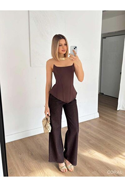 Coral Back Zippered Corset Strapless Blouse 20243 Brown