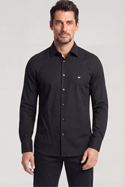 Emporio Armani Men's Regular Fit Eagle Plate Logo Long Sleeve Black Shirt Em0...