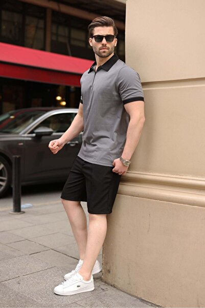 Madmext Smoked 100% Cotton Piece Polo Neck Shorts T-Shirt Set E7358