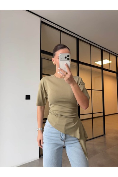 BB Bensu Buyruk YANLARI Με σούρες ΑΣΥΜΜΕΤΡΟ ΚΟΜΜΕΝΟ T-SHIRT ΠΡΑΣΙΝΟ