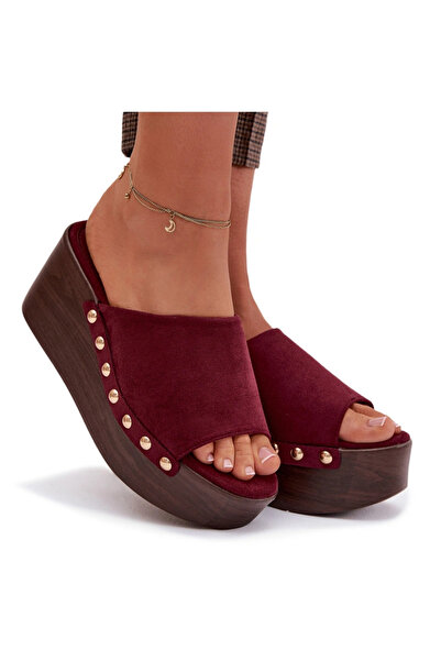 BOTO Sandale damă cu platformă și catarame aurii din piele întoarsă Bordeaux ...