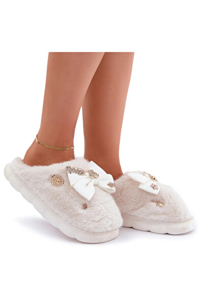 BOTO Papuci de casă cu blană, fundă și ace, albi, Annalira, mărimea 38/39