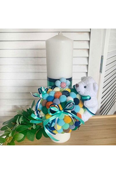 Simonne David pompom baptism candle for boy