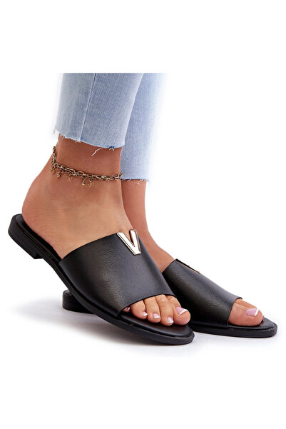 Evento Women's Black Leather Flat Sandals Maliha 39