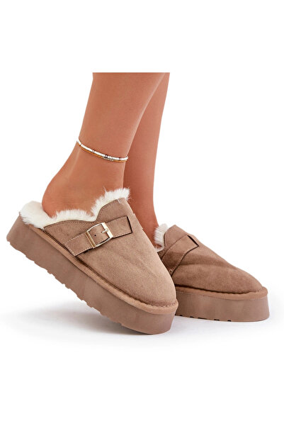 BOTO Women's slippers with thick sole with fur and buckle dark beige Linneola 39