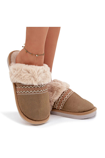 BOTO Papuci de damă cu blană și broderie verzi Devianne 38/39