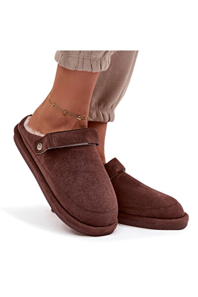 BOTO Papuci de damă cu bareta Calzi cu blană Chocolate Rilena 37