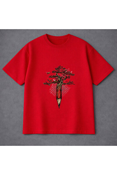 VODEXA Tricou oversize unisex, imprimat cu PENCIL TREE, 100% bumbac, croială ...