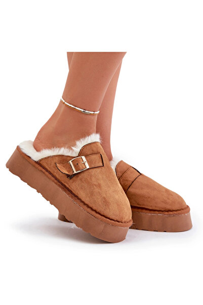 BOTO Papuci de damă cu talpă groasă, blană și cataramă Camel Linneola 38