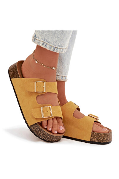 BOTO Papuci de damă cu platformă din plută și cleme aurii, galbeni, Tovessa 37