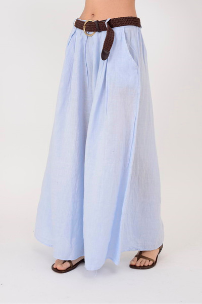 Park Moda 30522 Belt Detail Palazzo Wide Leg Linen Pants