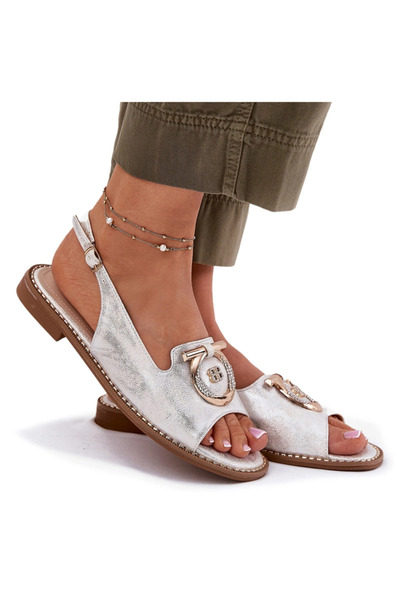 S.BARSKI Elegant Sandals With Decoration On Flat Heel KV51-003 Silver 41